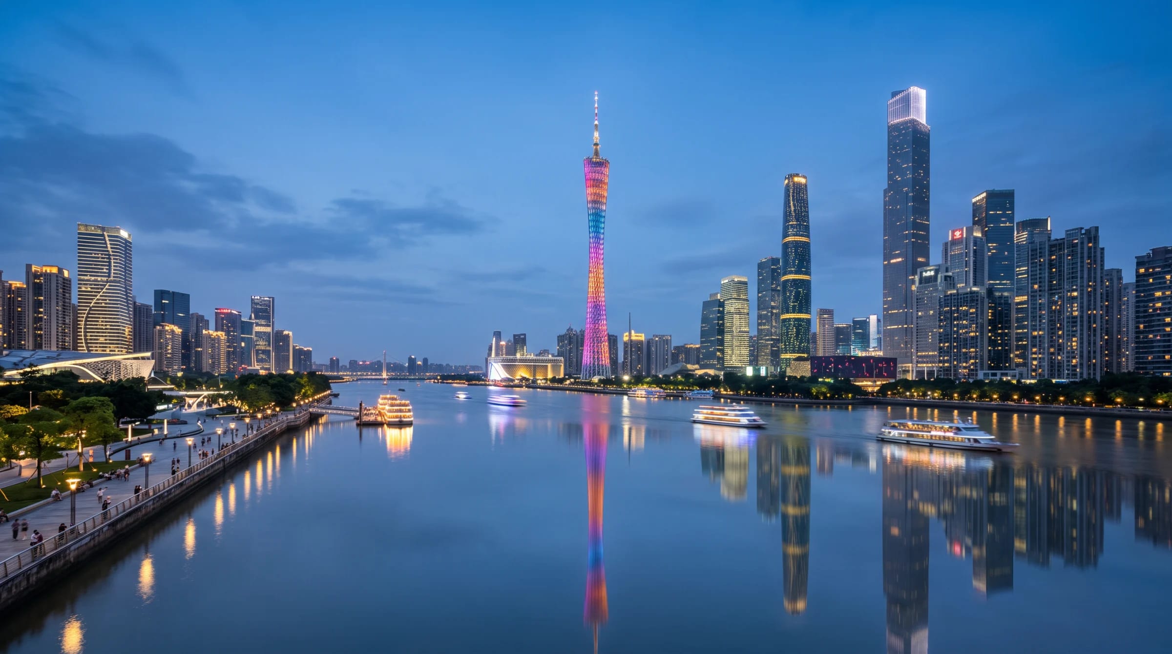 Guangzhou, the Pearl River and the Canton Tower at dusk